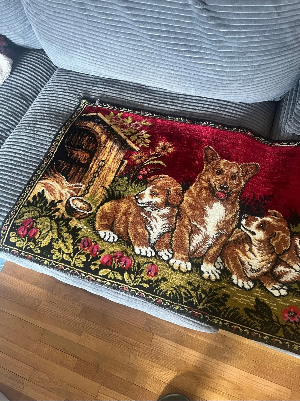 Vintage  Corgi Tapestry Runner with Dog Family on Red Background